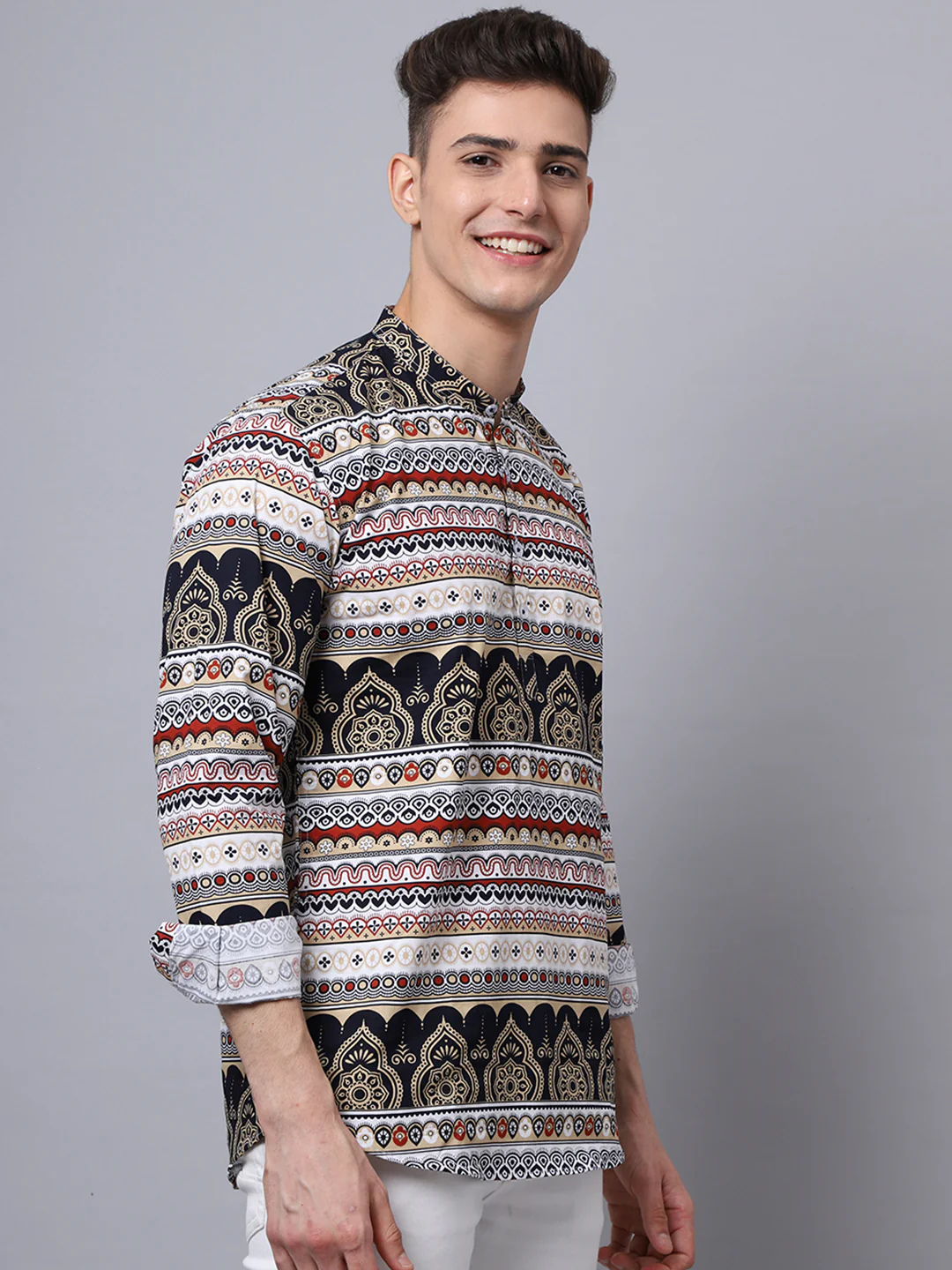 All Over Vibrant Printed Pure Cotton Short Kurta - Beige - Image 3