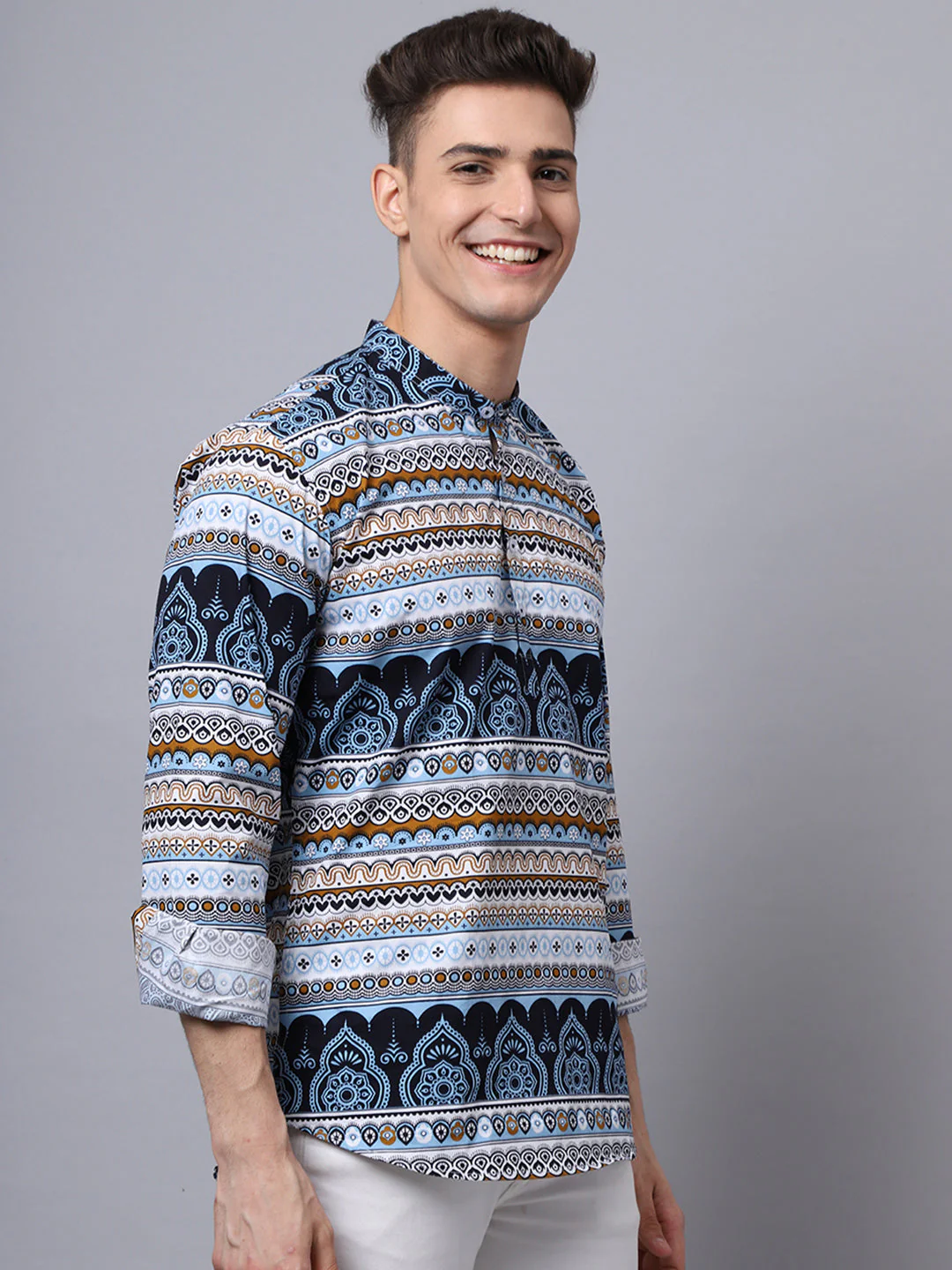 All Over Vibrant Printed Pure Cotton Short Kurta - Sky Blue - Image 3