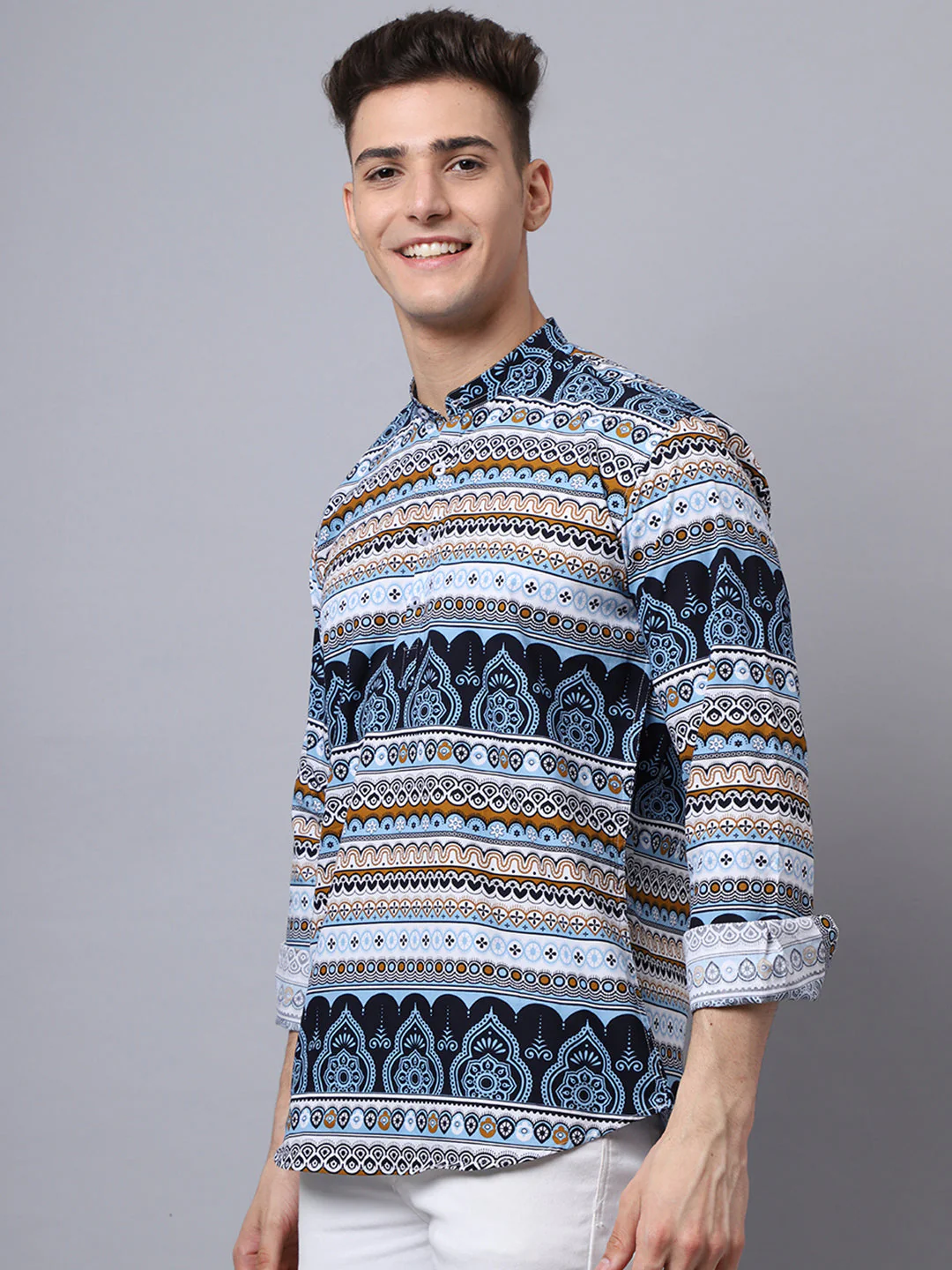 All Over Vibrant Printed Pure Cotton Short Kurta - Sky Blue - Image 4