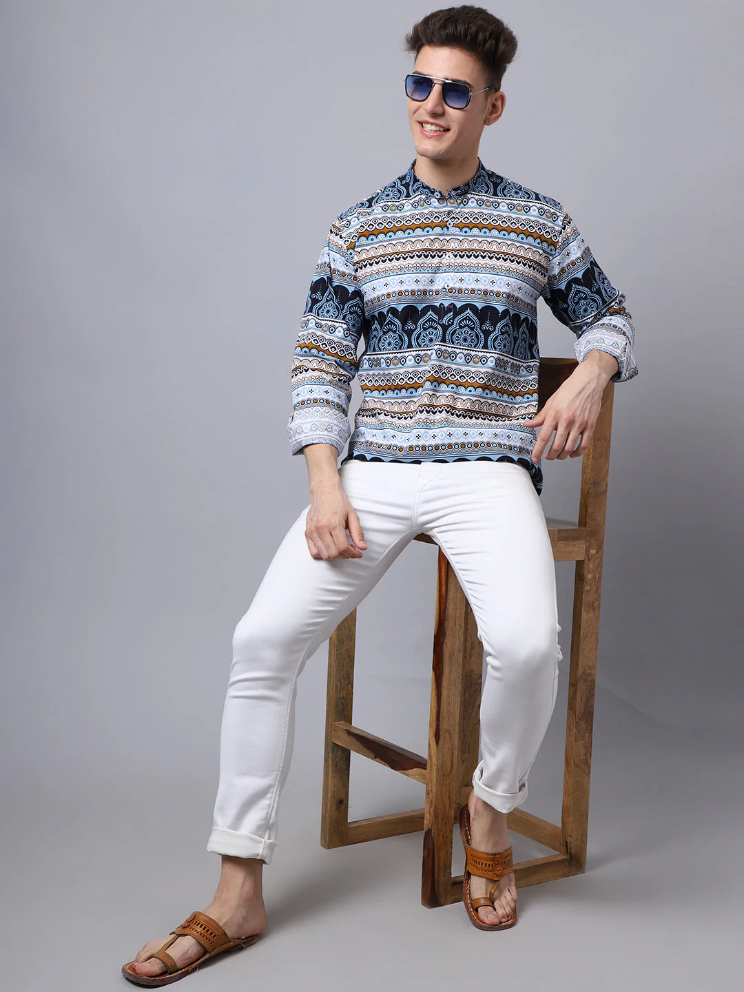 All Over Vibrant Printed Pure Cotton Short Kurta - Sky Blue - Image 5