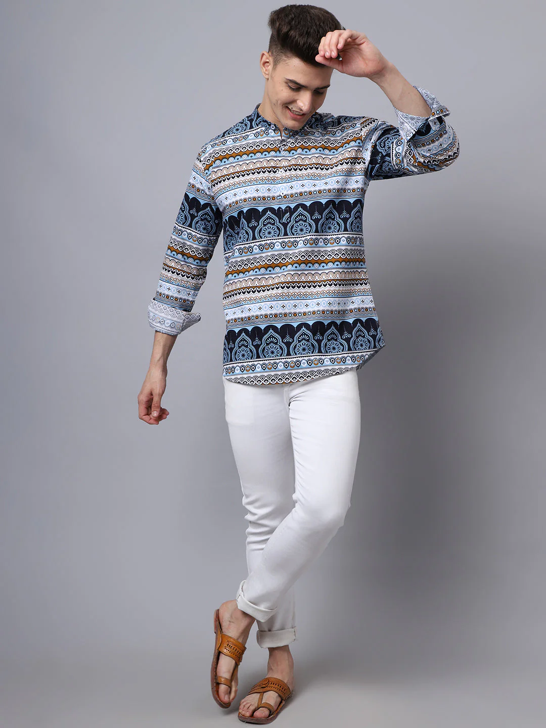 All Over Vibrant Printed Pure Cotton Short Kurta - Sky Blue - Image 6