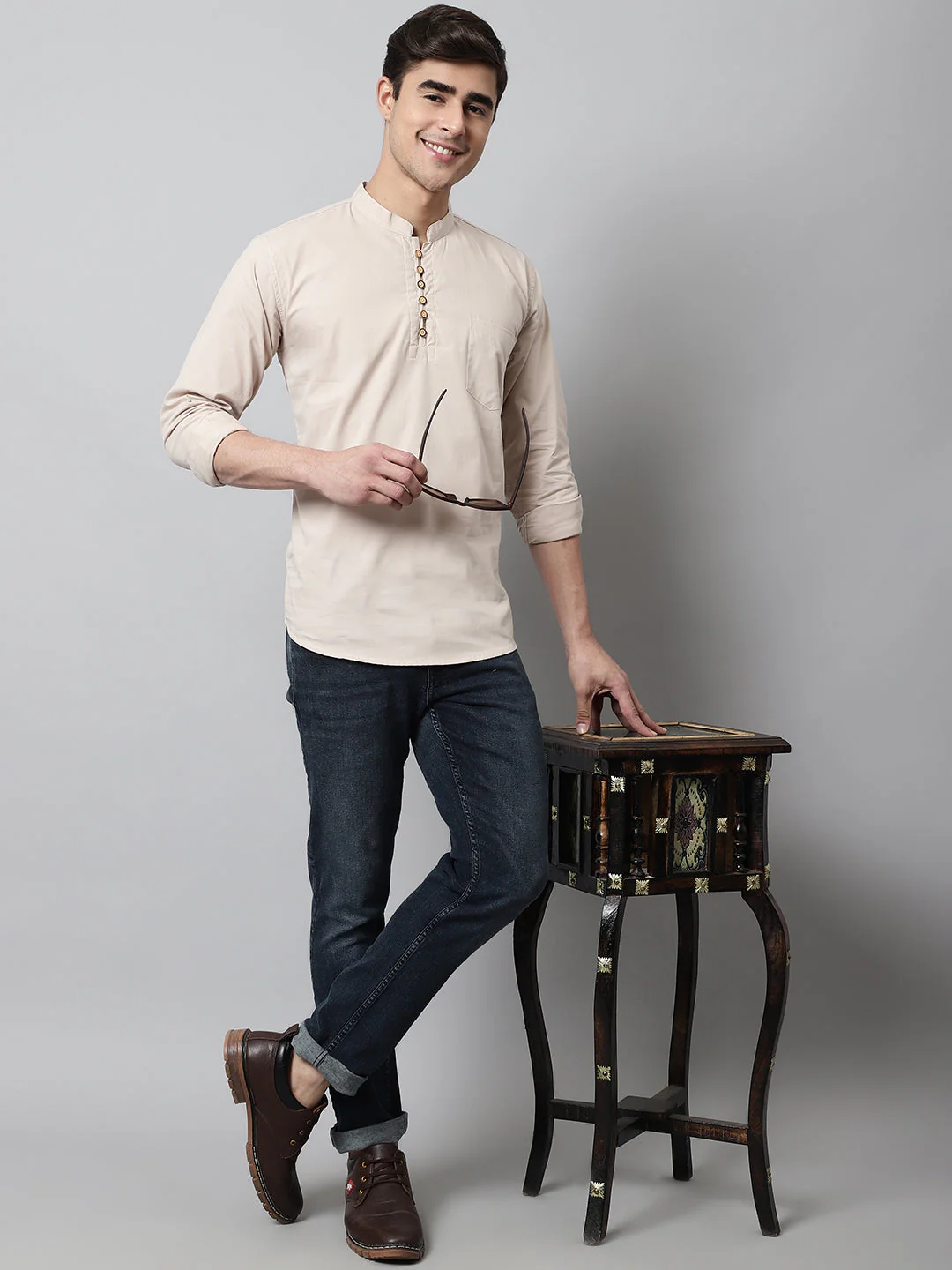 Classic Elegance pure cotton solid Short kurta - Cream - Image 3