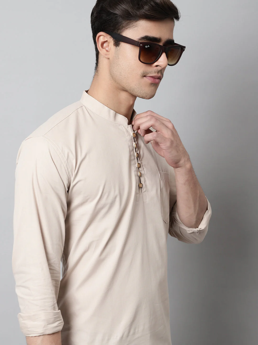 Classic Elegance pure cotton solid Short kurta - Cream - Image 5