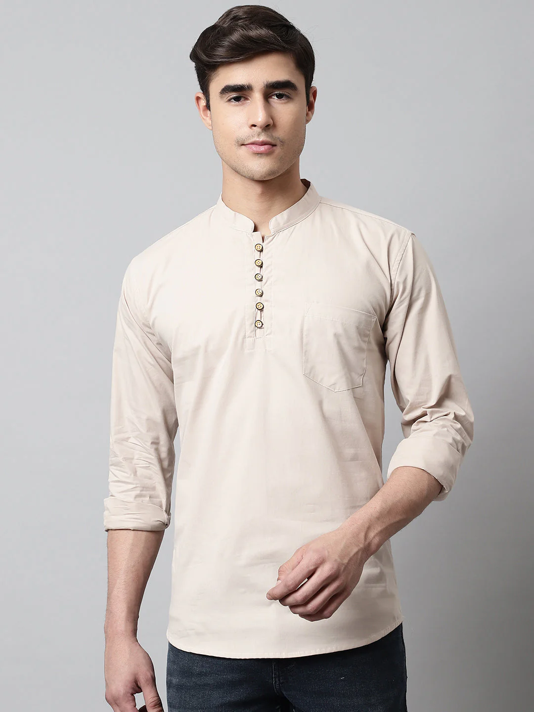 Classic Elegance pure cotton solid Short kurta - Cream - Image 6