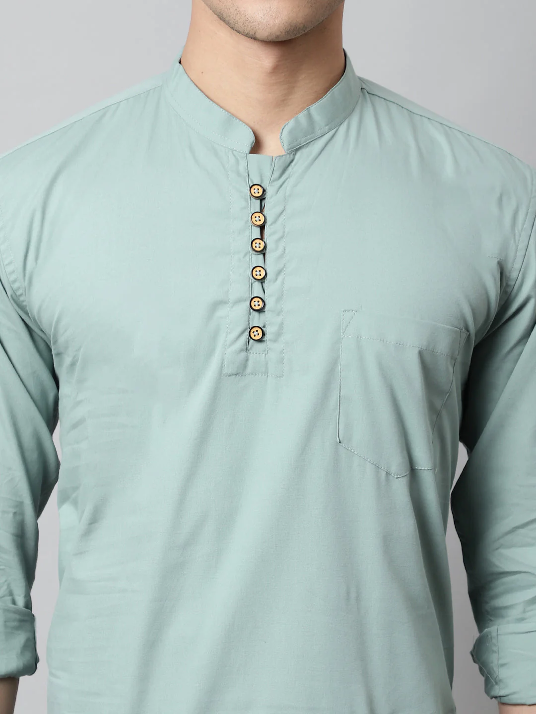 Classic Elegance Pure Cotton Solid Short Kurta - Dusty Green - Image 3