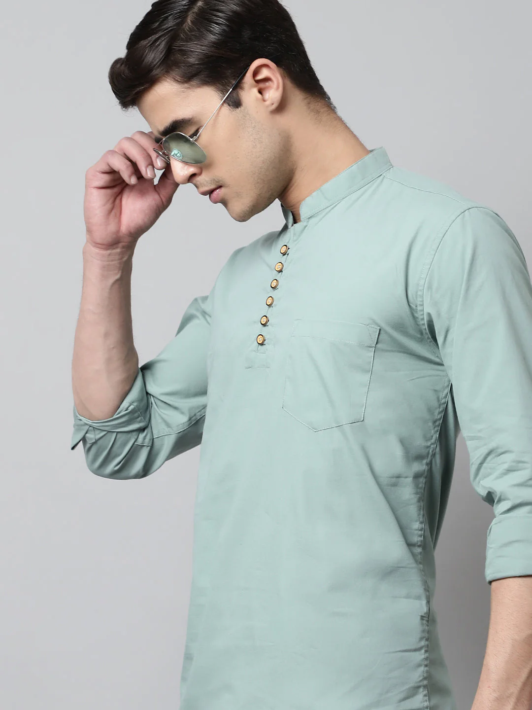 Classic Elegance Pure Cotton Solid Short Kurta - Dusty Green - Image 4