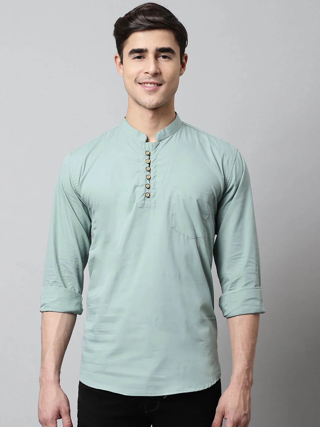 Classic Elegance Pure Cotton Solid Short Kurta - Dusty Green - Image 5