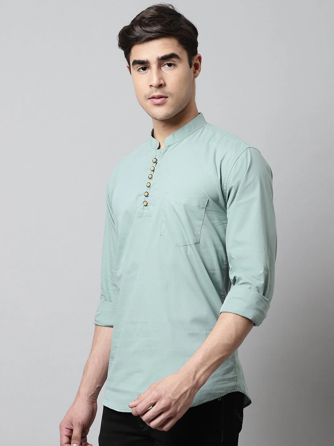 Classic Elegance Pure Cotton Solid Short Kurta - Dusty Green - Image 7