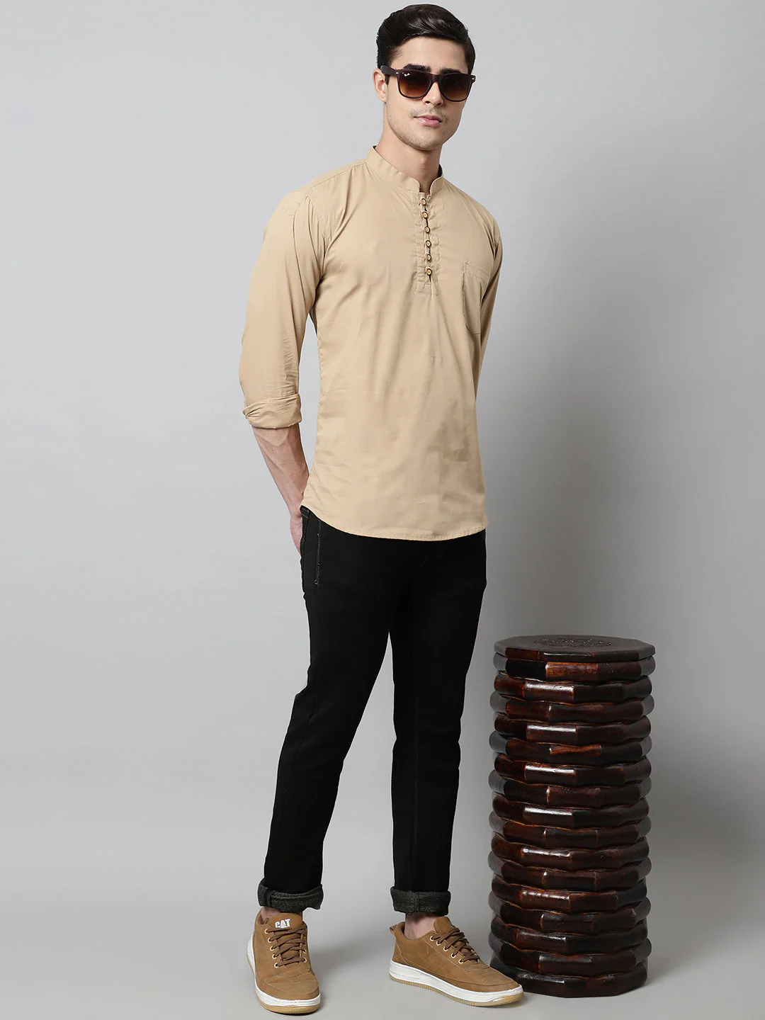 Classic Elegance pure cotton solid Short kurta - Light Coffee - Image 3