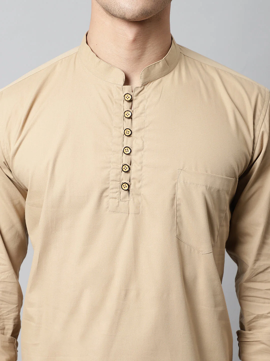Classic Elegance pure cotton solid Short kurta - Light Coffee - Image 4