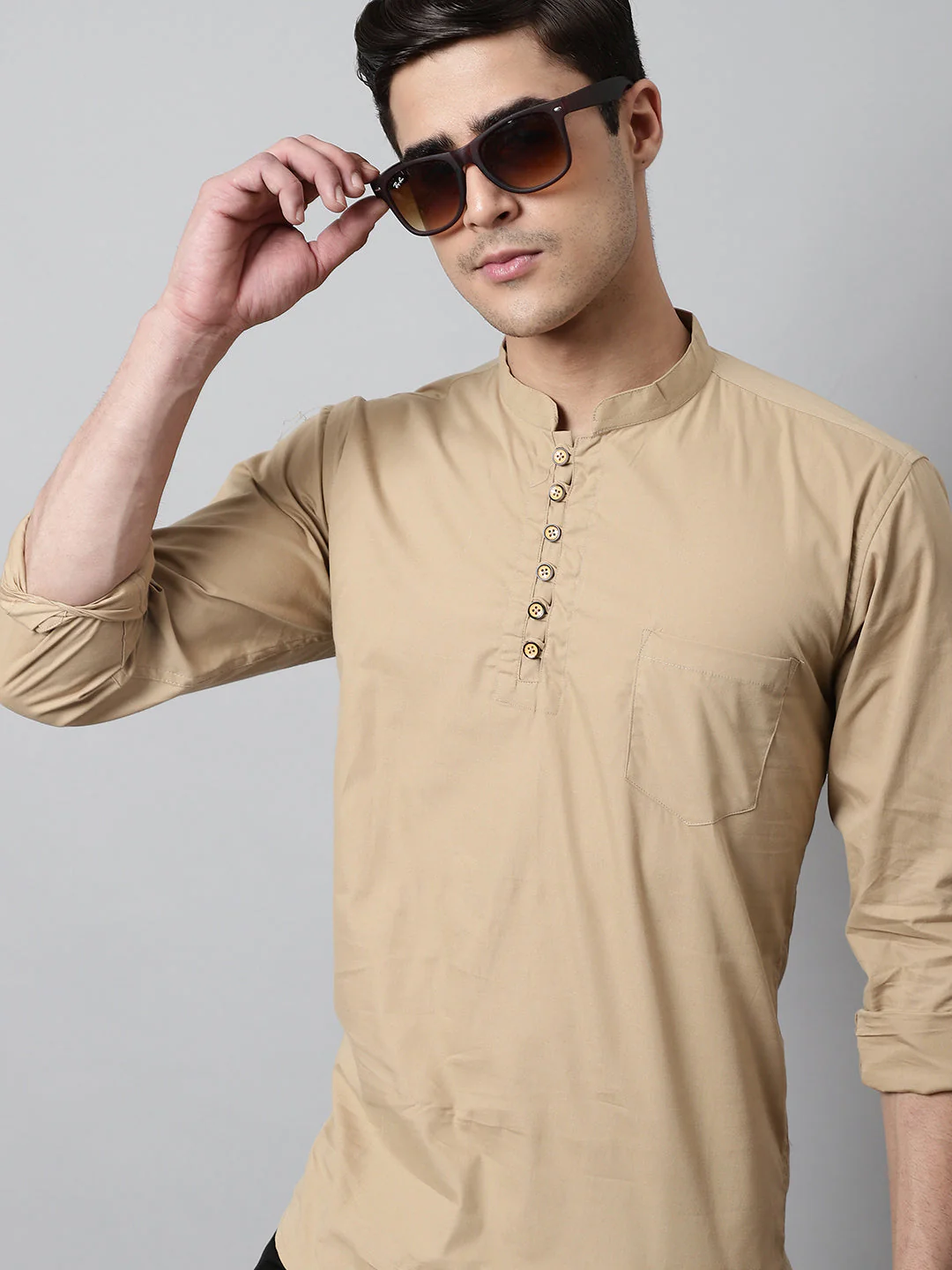 Classic Elegance pure cotton solid Short kurta - Light Coffee - Image 5