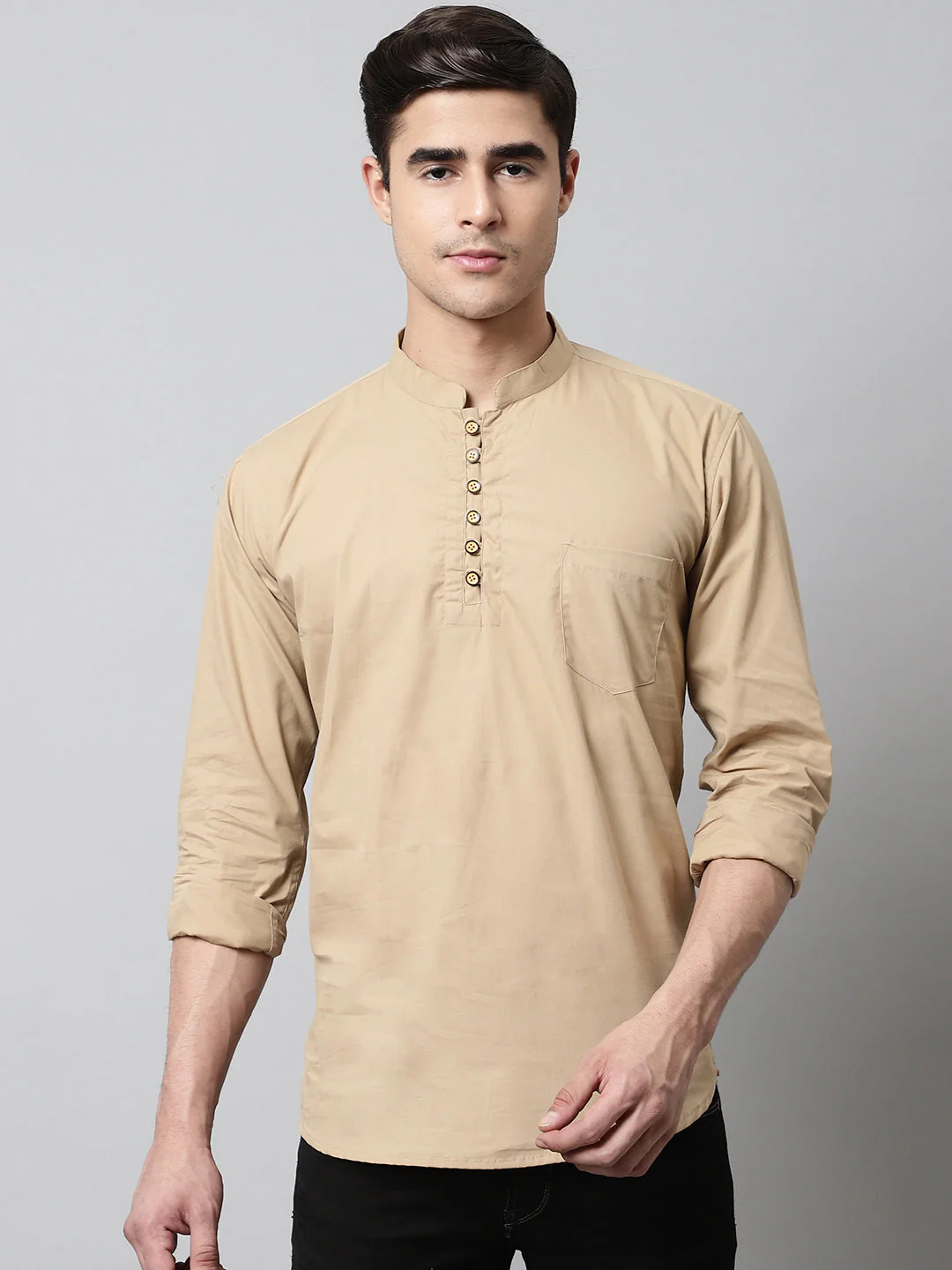 Classic Elegance pure cotton solid Short kurta - Light Coffee - Image 6