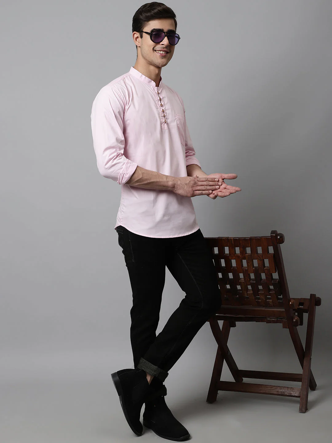 Classic Elegance pure cotton solid Short kurta - Peach - Image 4