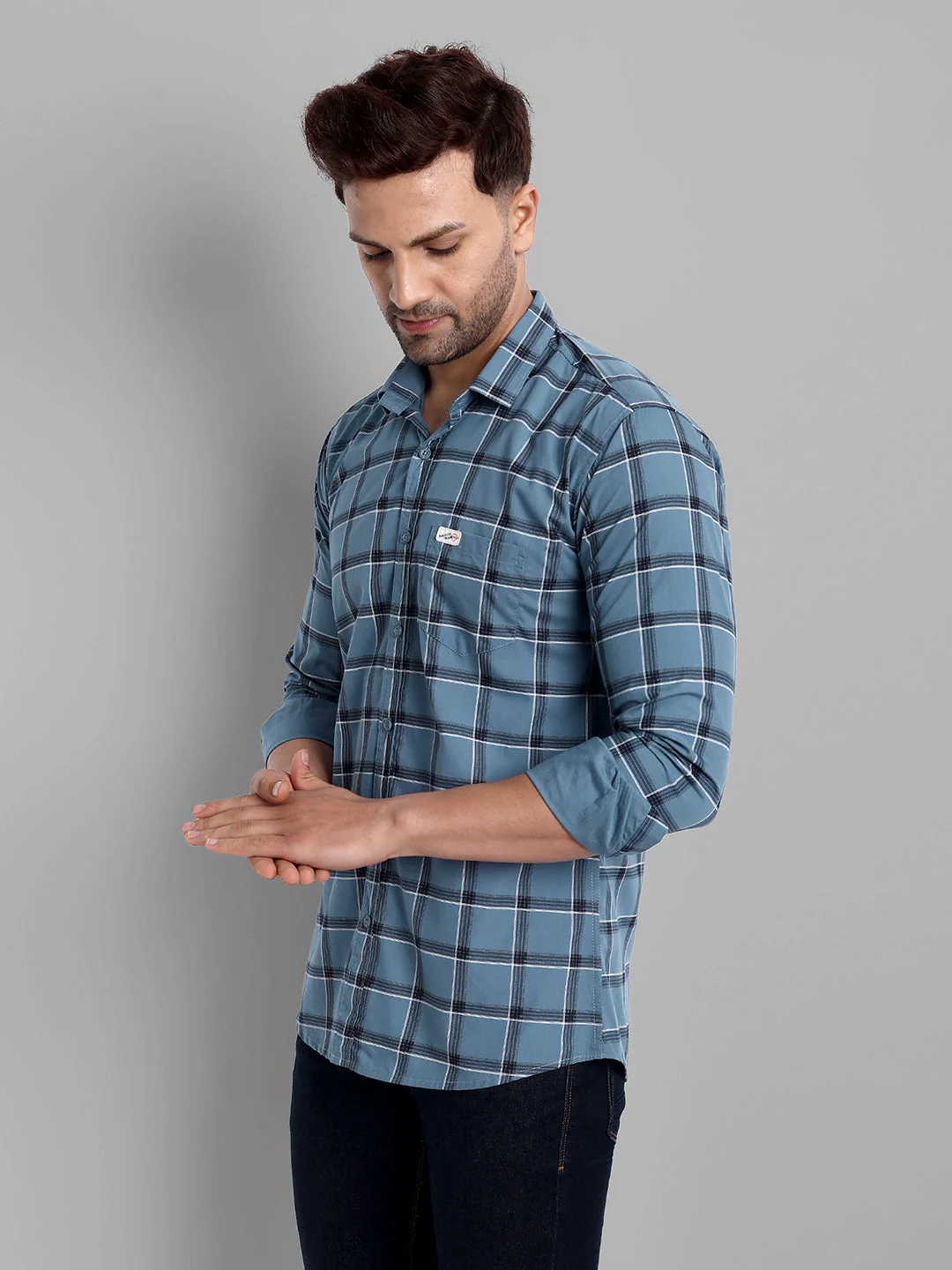 Classic Checkmate Pure Cotton Checkered Shirt - Greyish Blue - Image 3