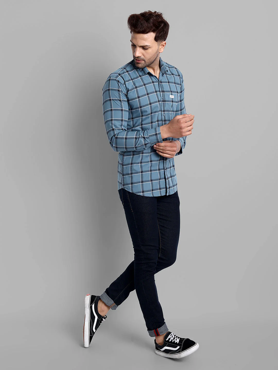 Classic Checkmate Pure Cotton Checkered Shirt - Greyish Blue - Image 4