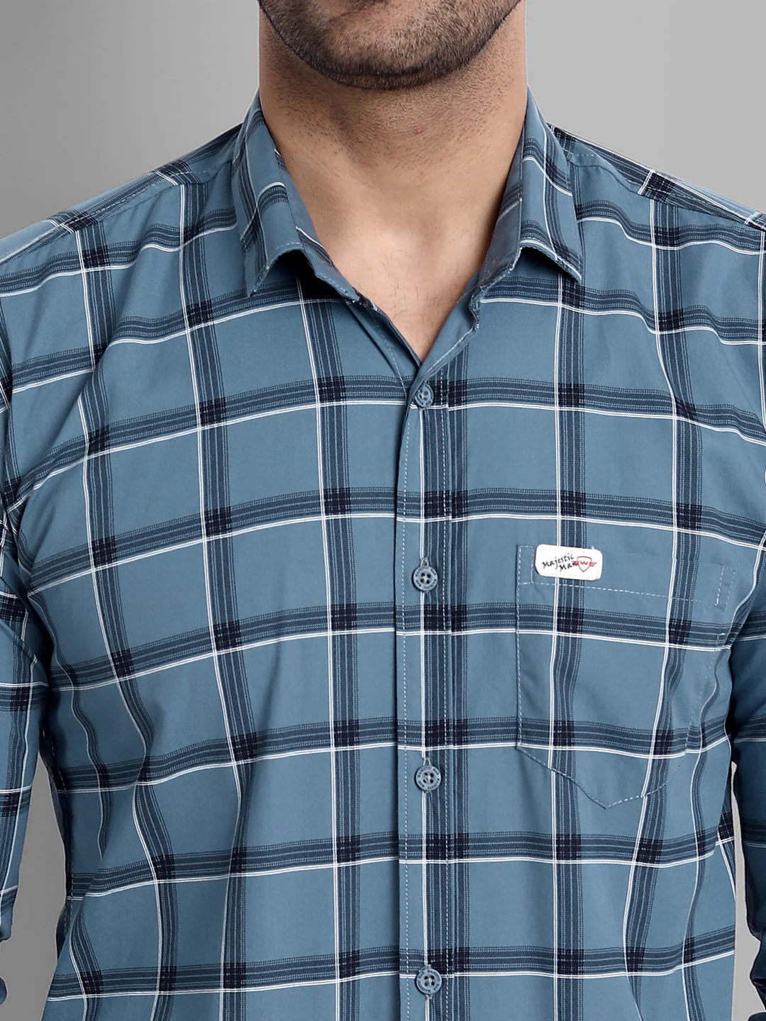 Classic Checkmate Pure Cotton Checkered Shirt - Greyish Blue - Image 6