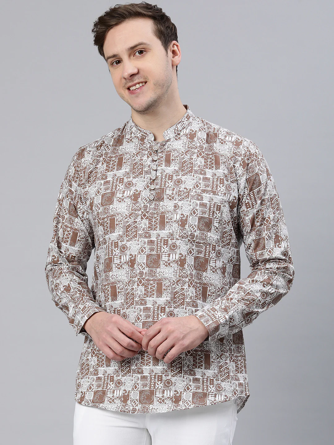 Majestic Man Slim Fit Cotton Printed Short Kurta - Brown