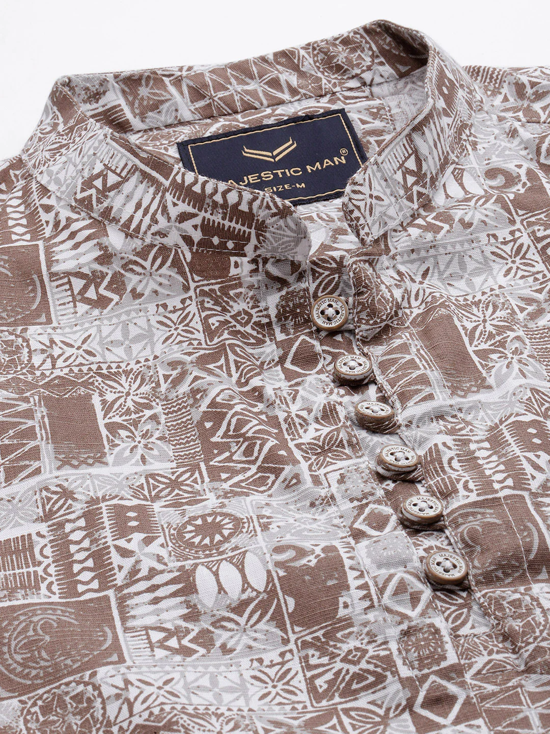 Majestic Man Slim Fit Cotton Printed Short Kurta - Brown - Image 2