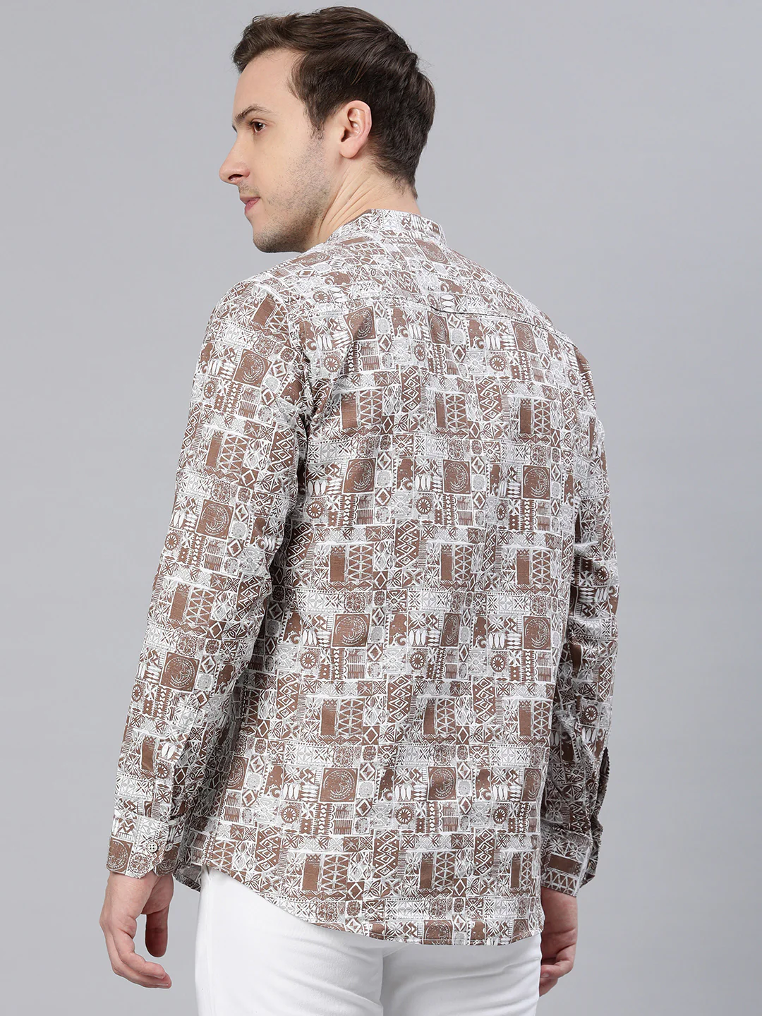 Majestic Man Slim Fit Cotton Printed Short Kurta - Brown - Image 4