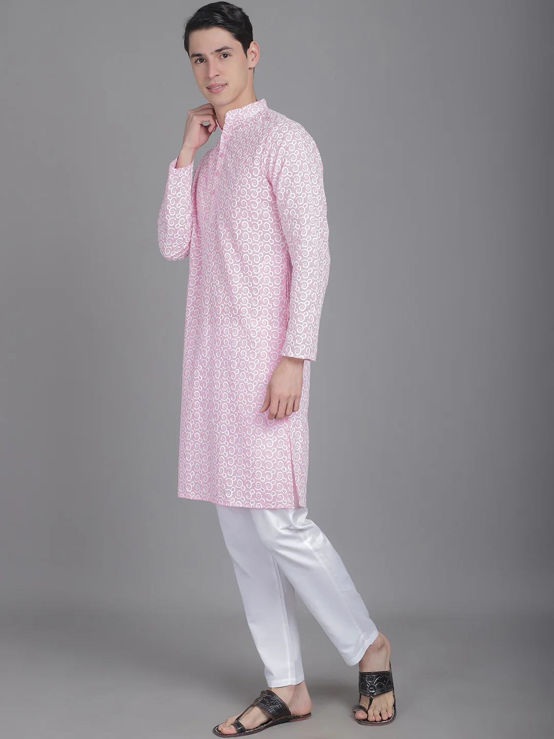 Cotton Comfort men's Kurta with Overall Embroidery - Pink - Image 3