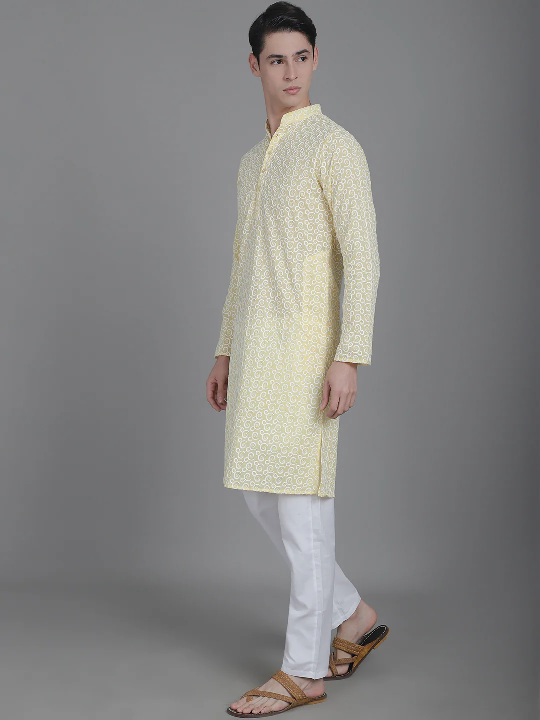 Cotton Comfort men's Kurta with Overall Embroidery - Yellow - Image 3