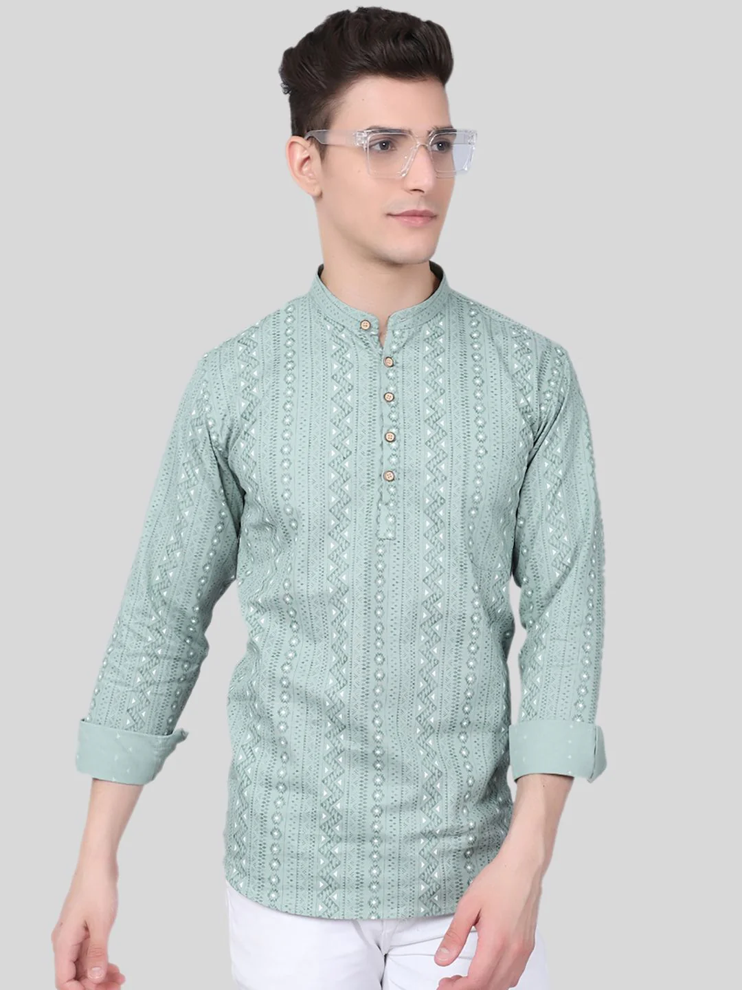 Effortless Stylish Pure Cotton Printed Short Kurta - Green - Image 4