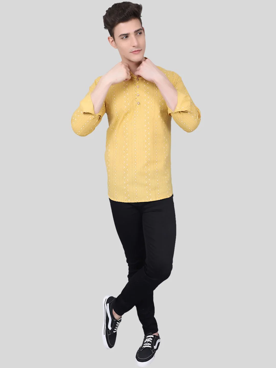 Effortless Stylish Pure Cotton Printed Short Kurta - Yellow - Image 4