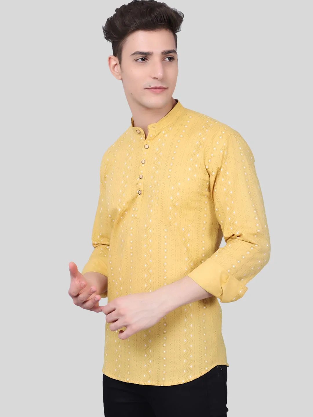 Effortless Stylish Pure Cotton Printed Short Kurta - Yellow - Image 7