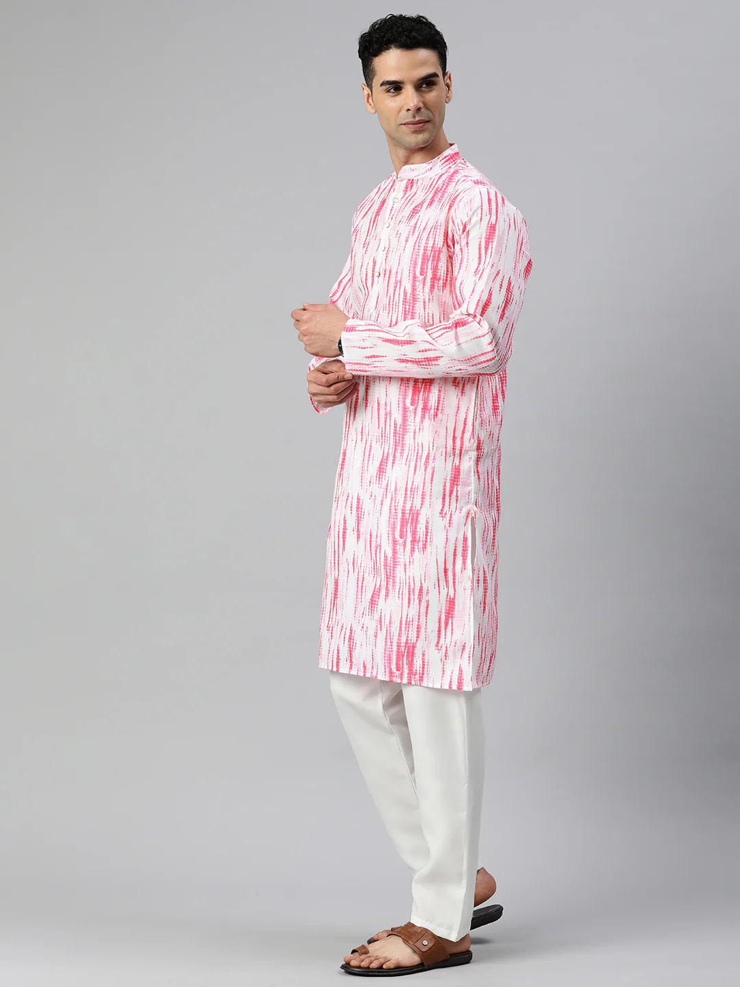 Fusion Fiesta men's long printed kurta - White Pink