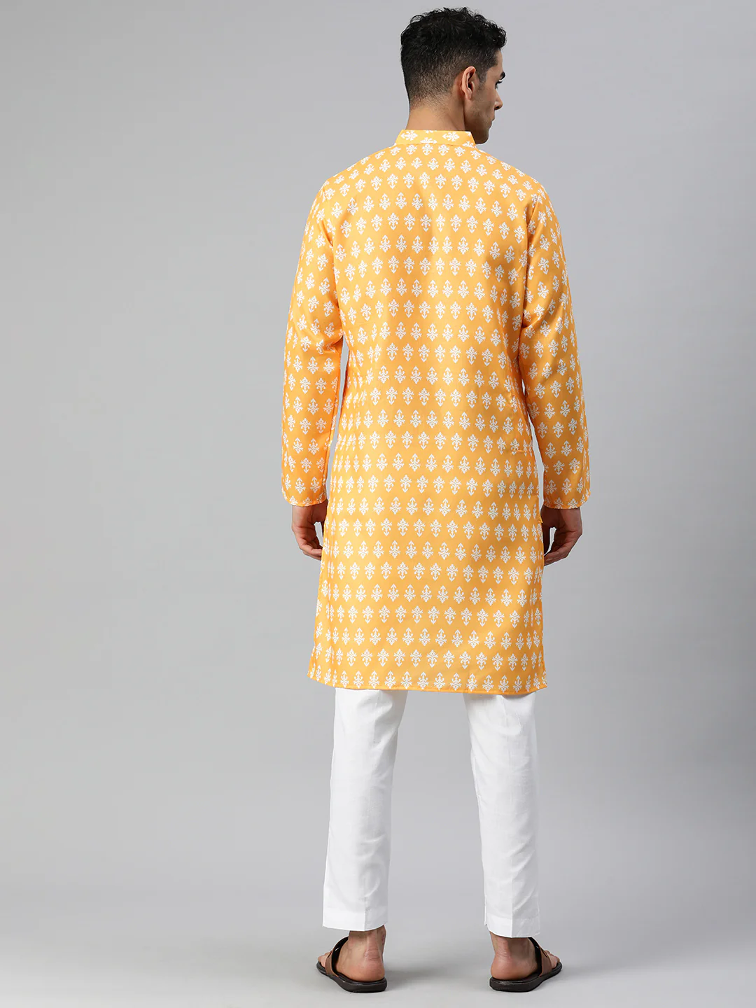 Fusion Fiesta men's long printed kurta - Yellow - Image 3