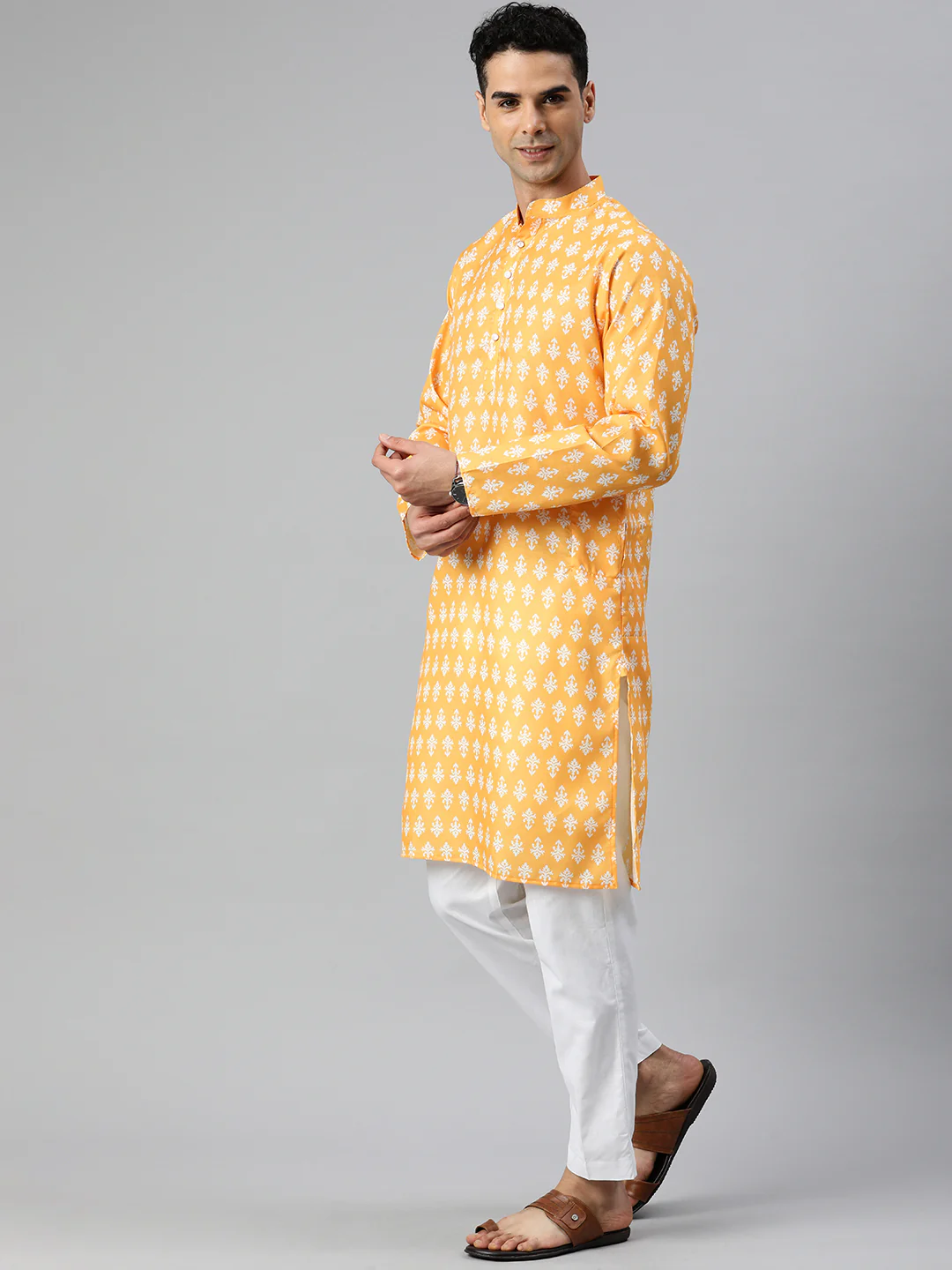 Fusion Fiesta men's long printed kurta - Yellow - Image 6