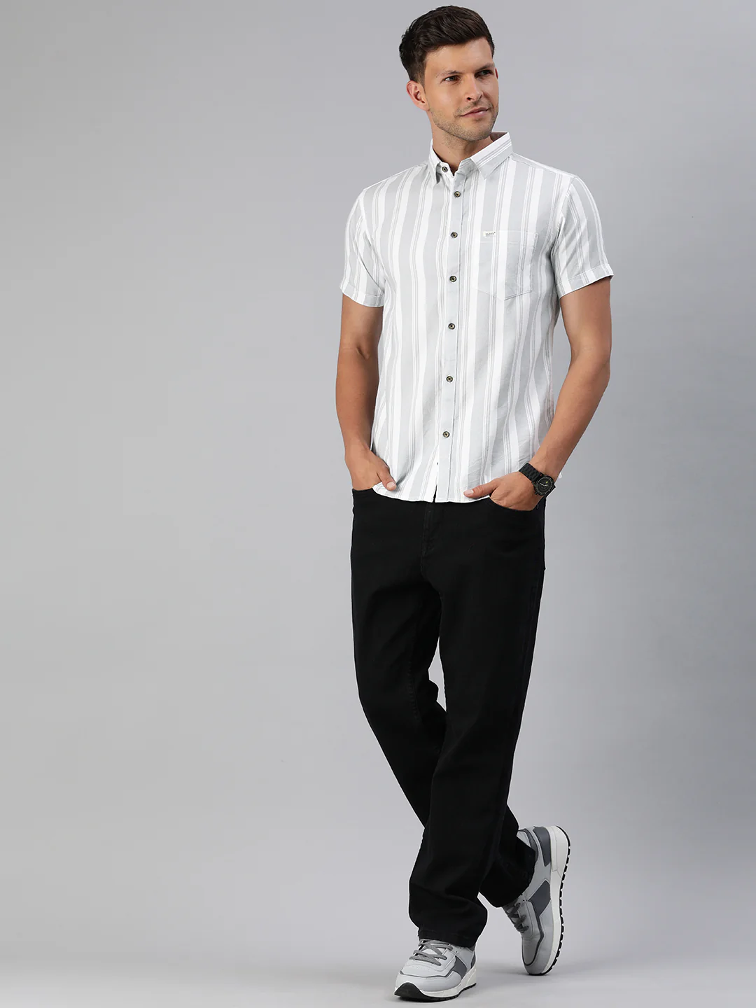 Majestic Man Pure Cotton Blocked Striped Half Sleeves Casual Shirt - Light Grey - Image 4