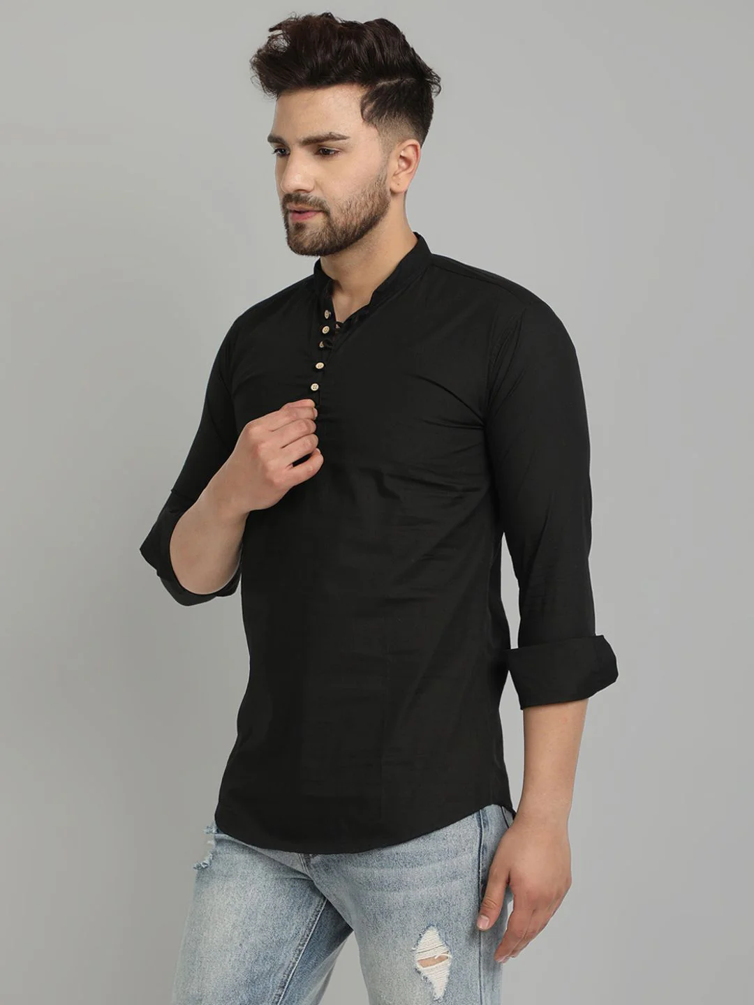 Classic Elegance pure cotton solid Short kurta - Black - Image 3