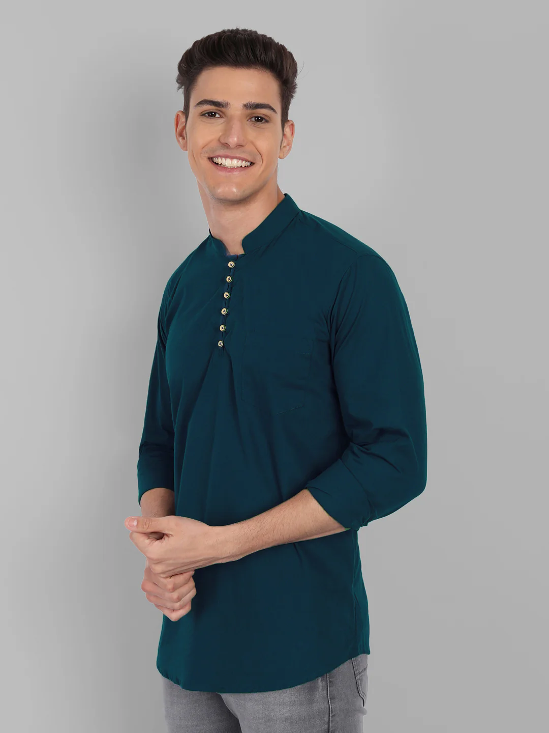 Classic Elegance Pure Cotton Solid Short Kurta - Dark Blue - Image 3