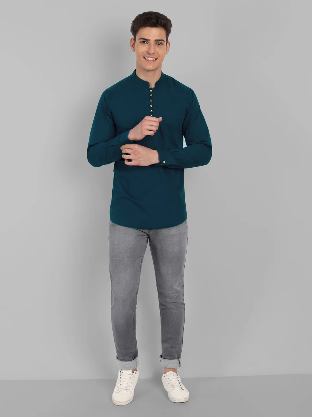 Classic Elegance Pure Cotton Solid Short Kurta - Dark Blue - Image 4