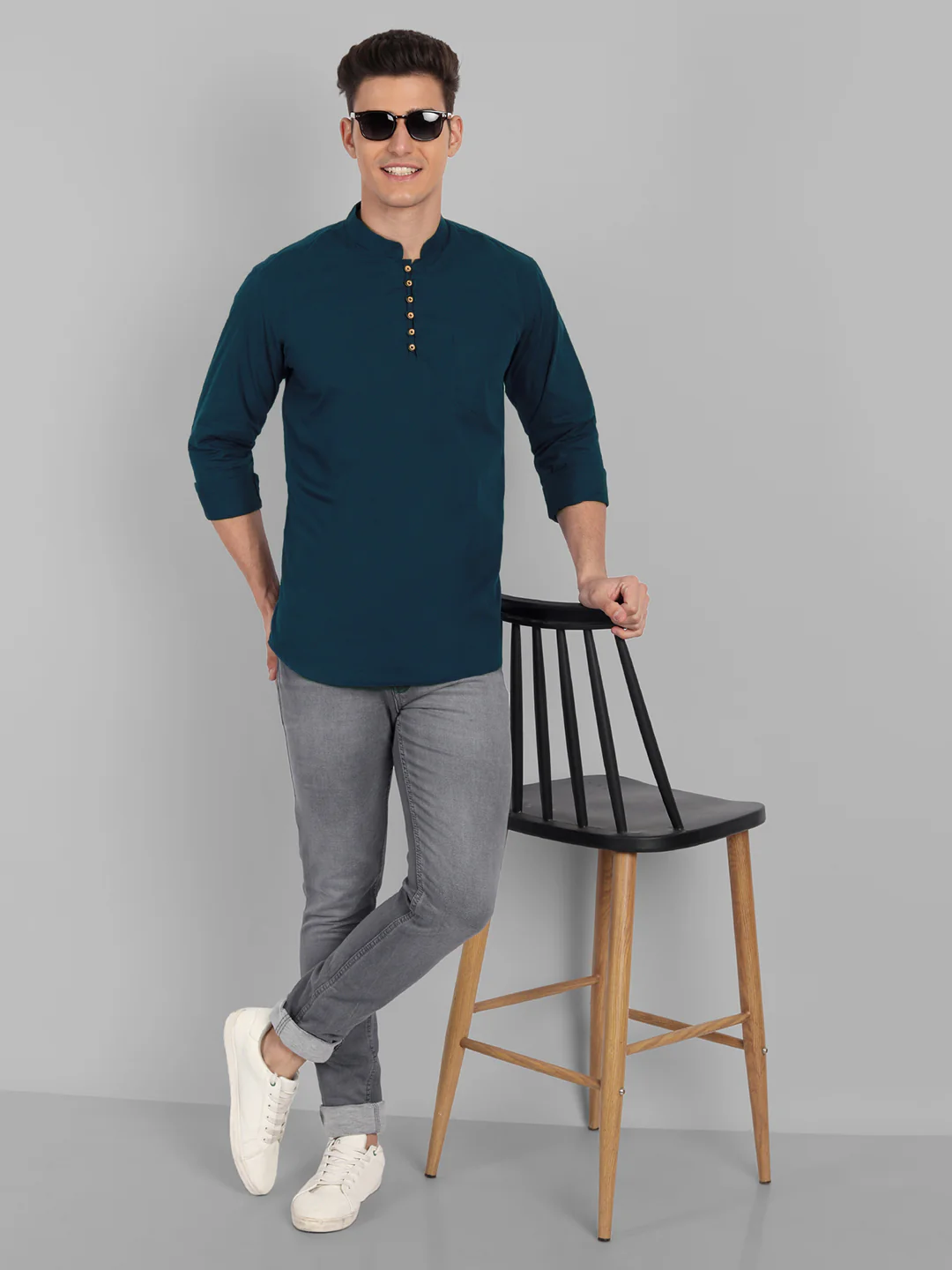 Classic Elegance Pure Cotton Solid Short Kurta - Dark Blue - Image 5