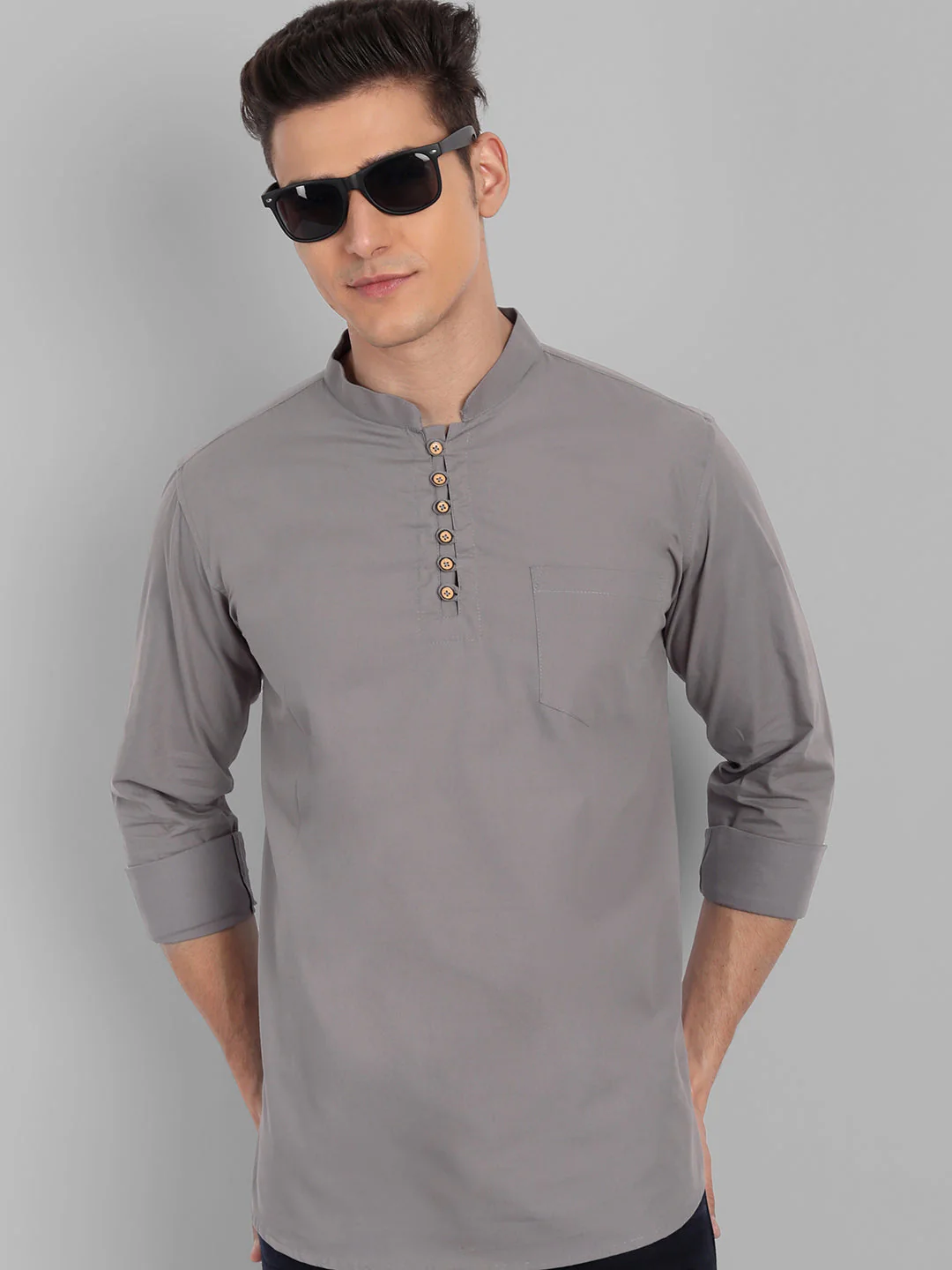 Classic Elegance Pure Cotton Solid Short Kurta - Grey