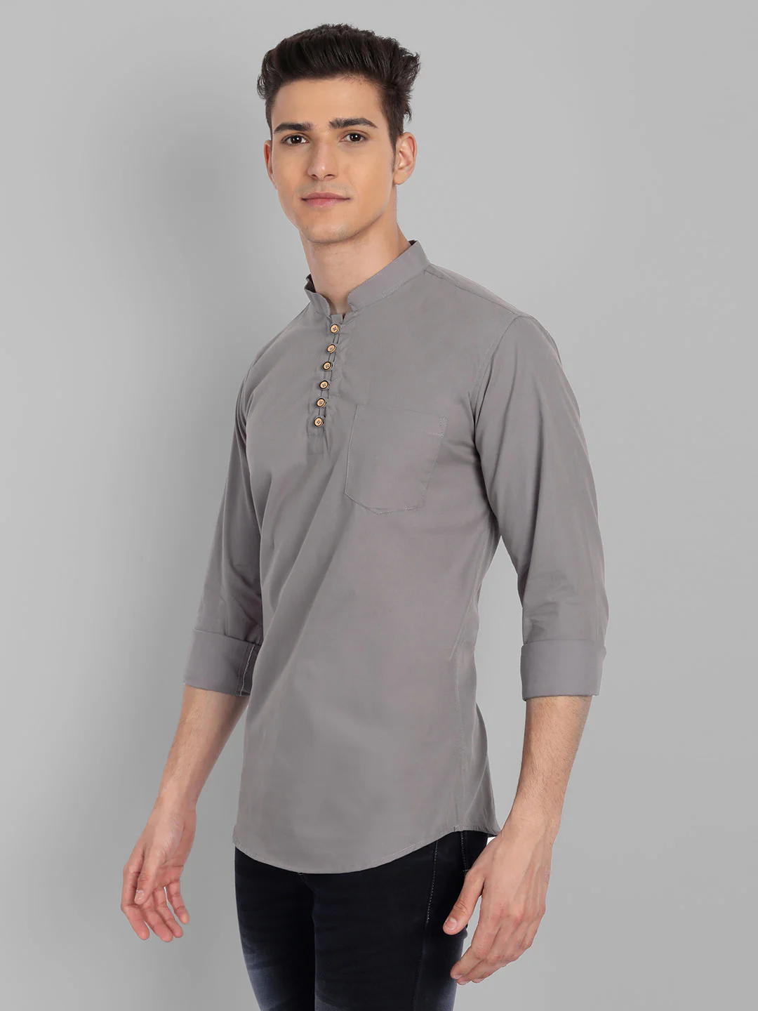 Classic Elegance Pure Cotton Solid Short Kurta - Grey - Image 3