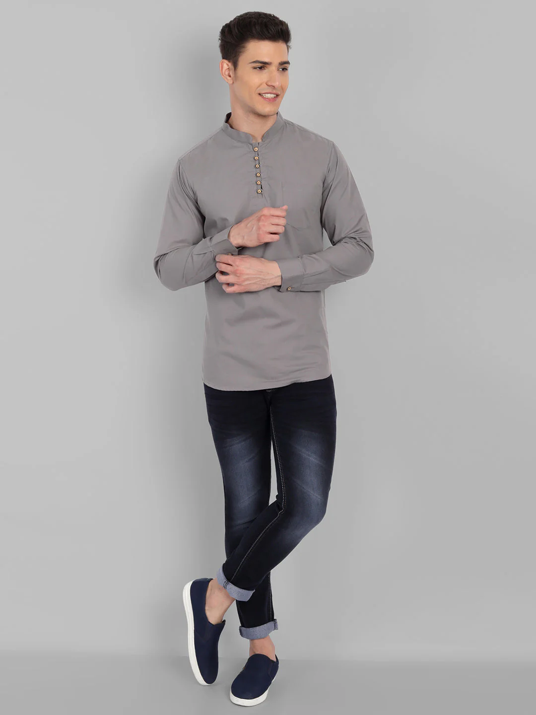 Classic Elegance Pure Cotton Solid Short Kurta - Grey - Image 5