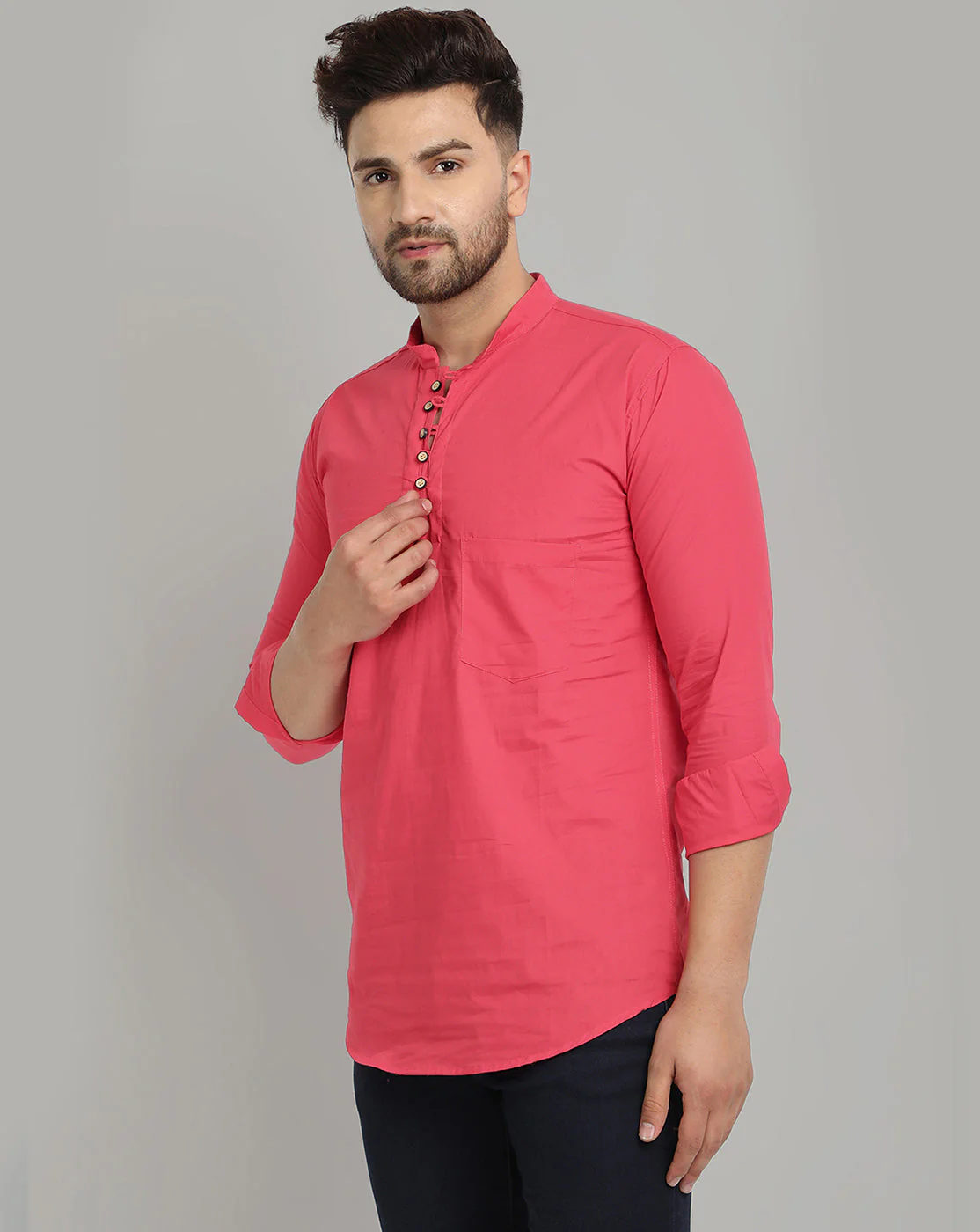 Classic Elegance pure cotton solid Short kurta - Hot Pink - Image 3