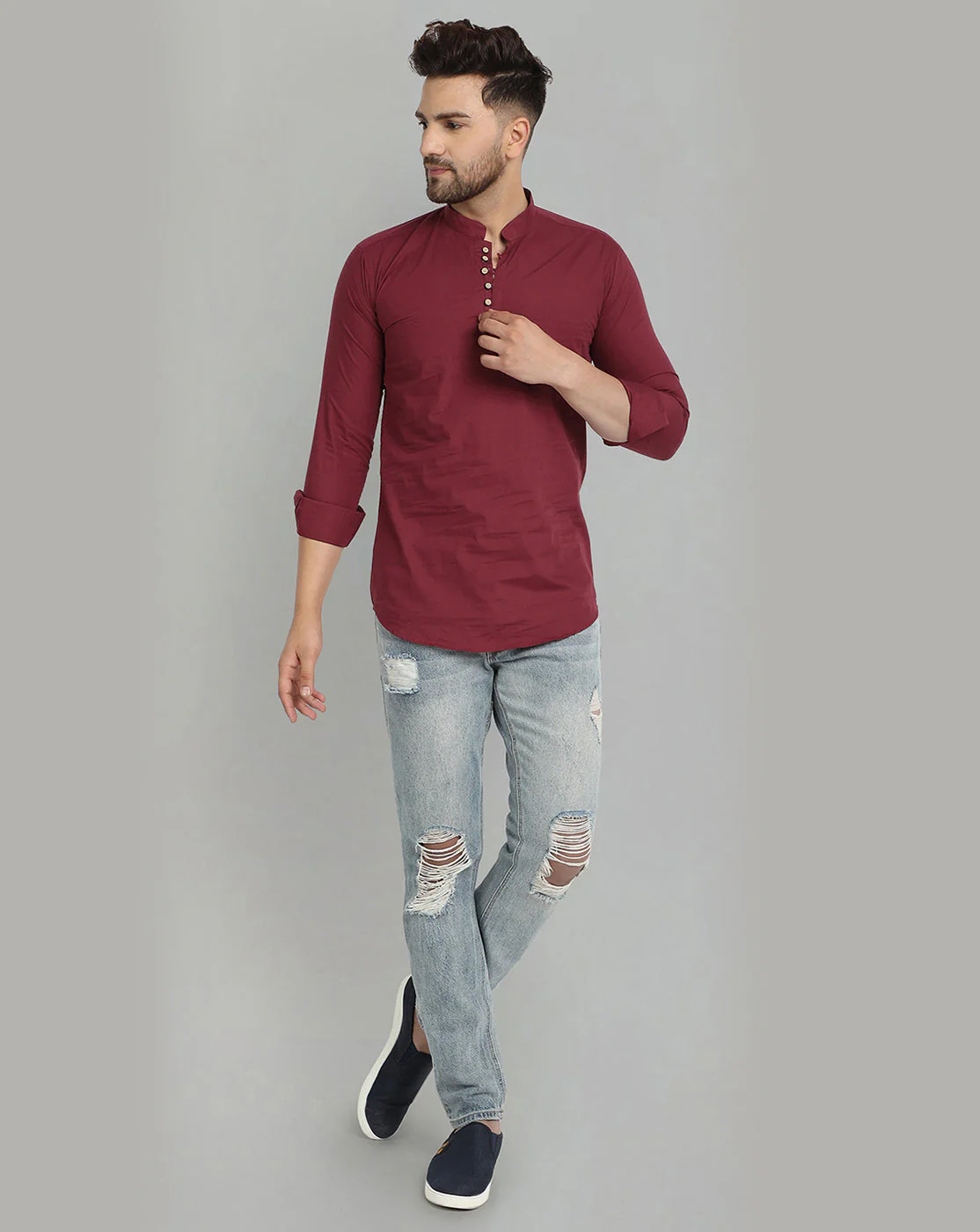 Classic Elegance pure cotton solid Short kurta - Maroon - Image 5