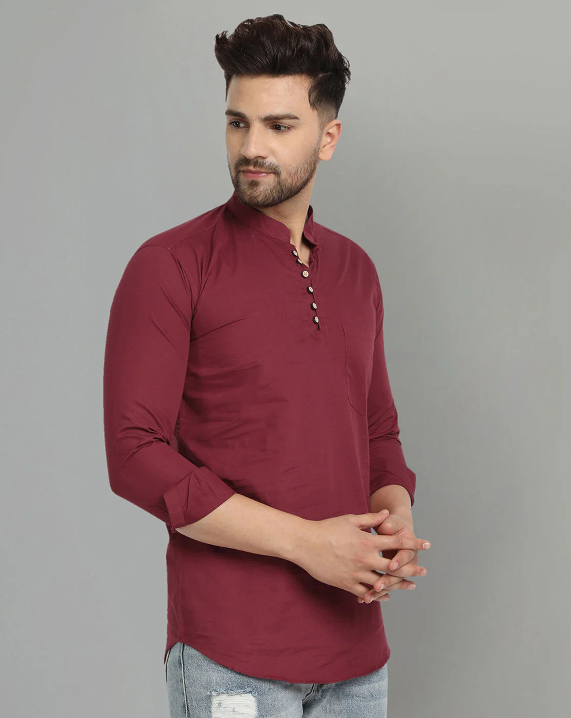 Classic Elegance pure cotton solid Short kurta - Maroon - Image 6