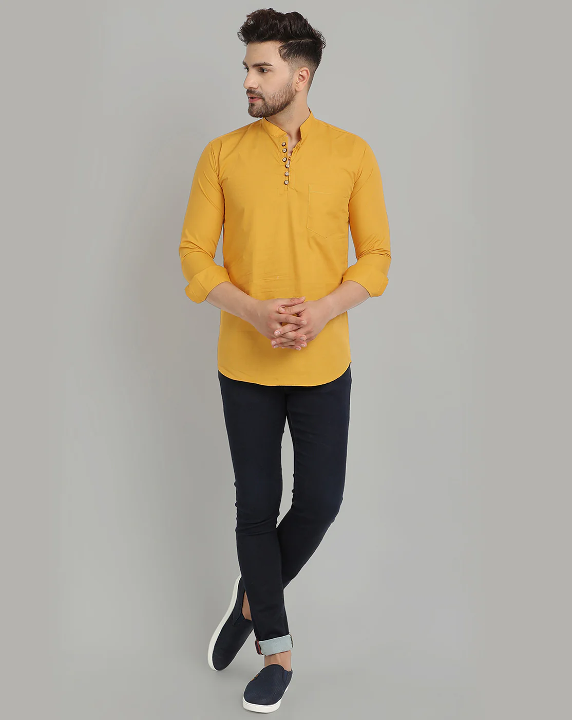 Classic Elegance pure cotton solid Short kurta - Mustard - Image 3