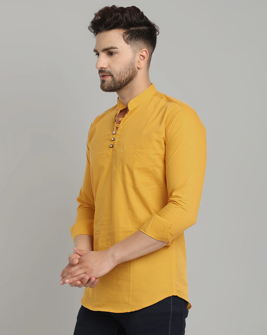 Classic Elegance pure cotton solid Short kurta - Mustard - Image 4
