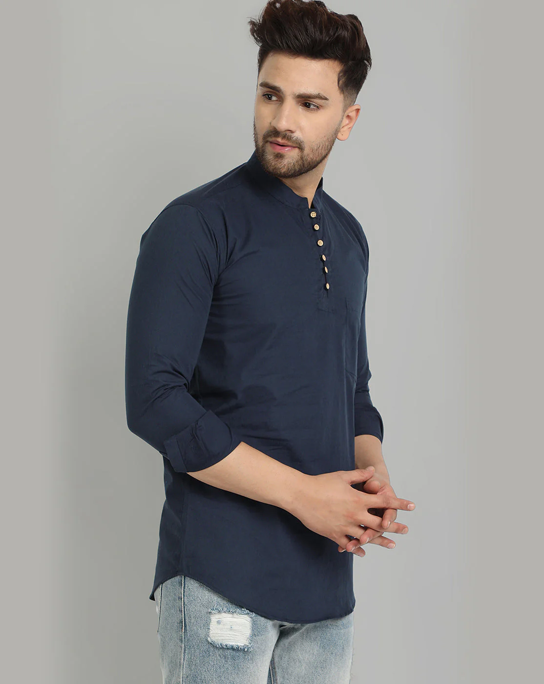 Classic Elegance pure cotton solid Short kurta - Navy Blue - Image 3