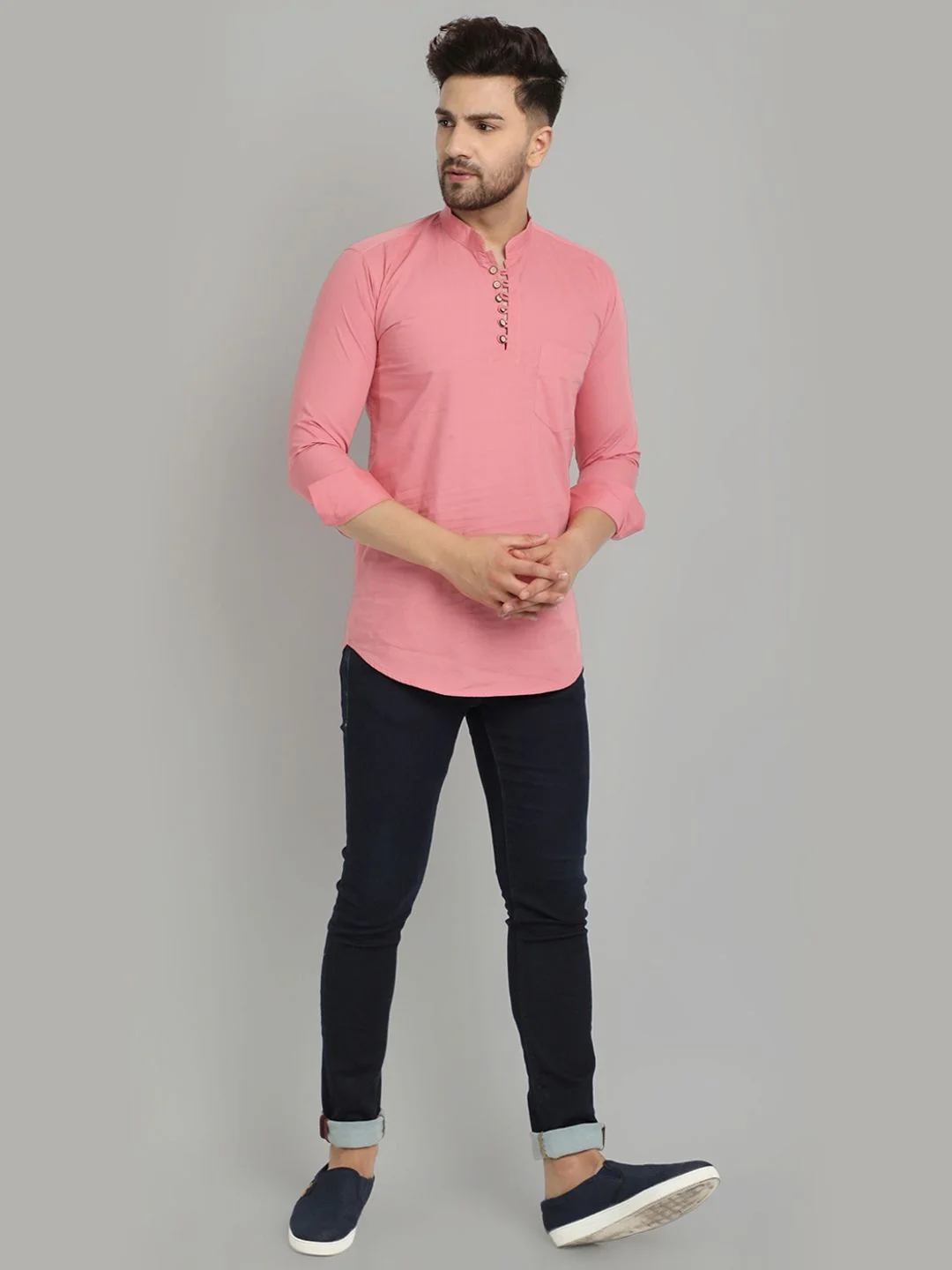 Classic Elegance pure cotton solid Short kurta - Pastel Pink - Image 3