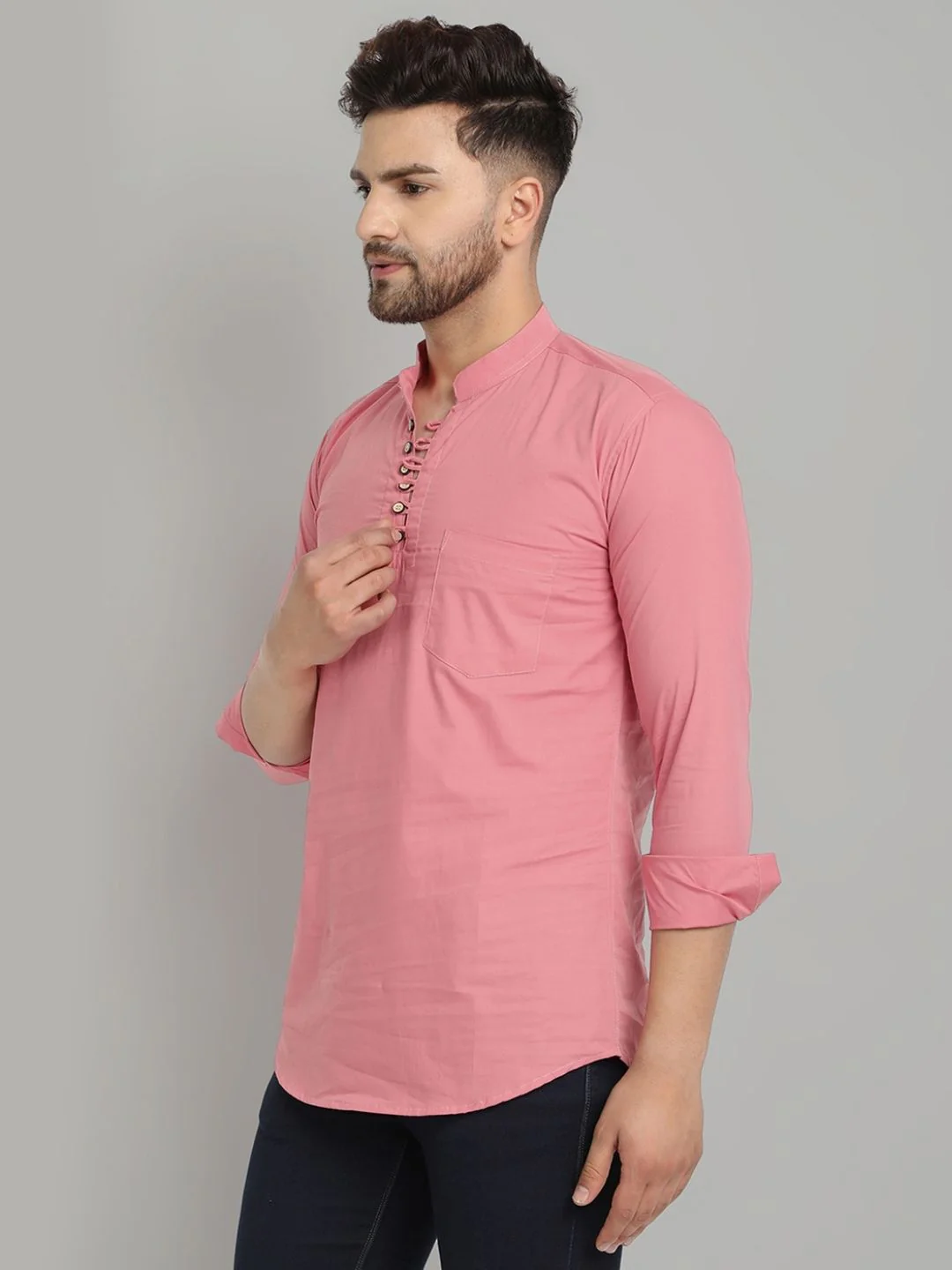 Classic Elegance pure cotton solid Short kurta - Pastel Pink - Image 4