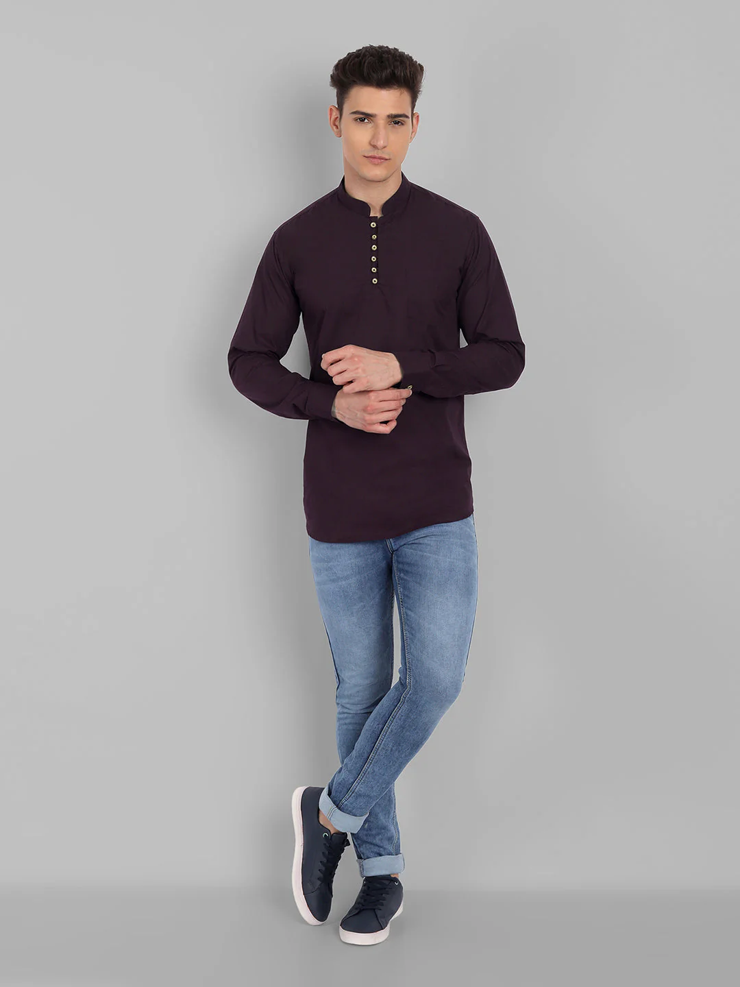 CLASSIC ELEGANCE PURE COTTON SOLID SHORT KURTA - Purple - Image 4