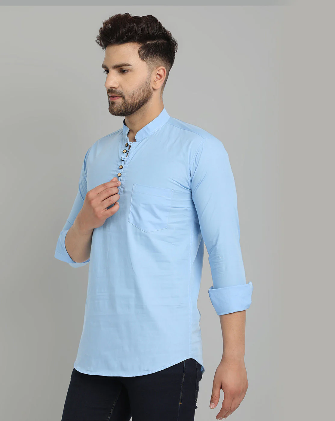 Classic Elegance pure cotton solid Short kurta - Sky Blue - Image 3