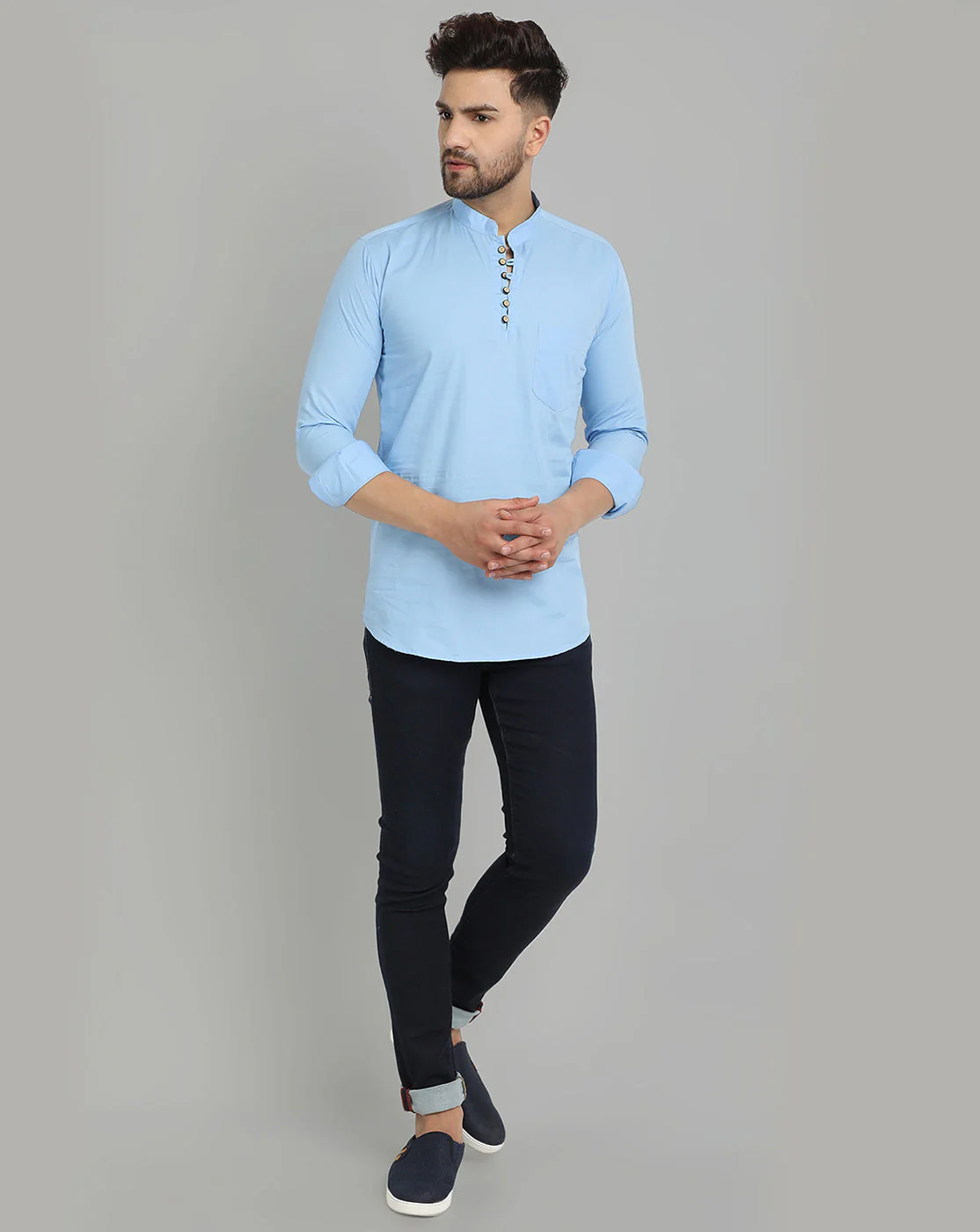 Classic Elegance pure cotton solid Short kurta - Sky Blue - Image 6
